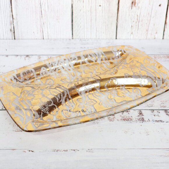Mid-Century 22K Gold Leaf Divided Glass Tray Snack Platter Trinket Catch-All - Picture 1 of 6